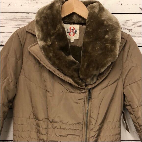 Ultim8 taupe tan faux fur lined Neck belted puffer parka Length Jacket Coat Sz M - Picture 3 of 7
